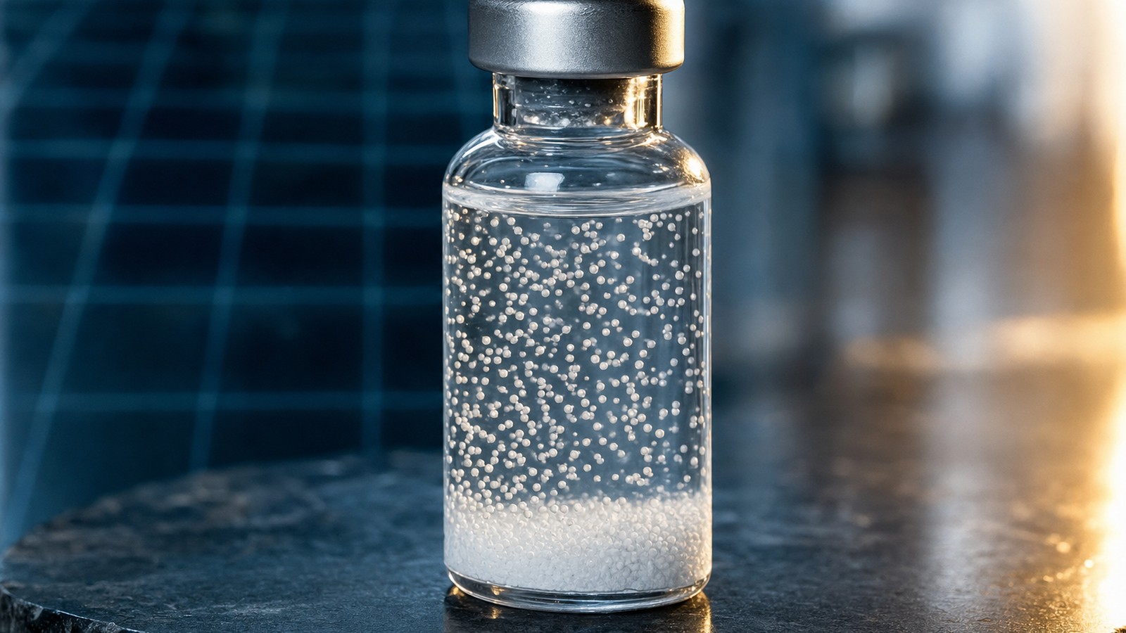情境照:聚左旋乳酸(PLLA)微球體於無菌注射用水中調配後的懸浮狀態,示意增生劑的劑型特性
